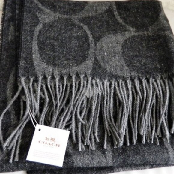 COACH NY SIGNATURE C LOGO SCARF BLACK & GRAY WITH FRINGED ENDS - Picture 1 of 2